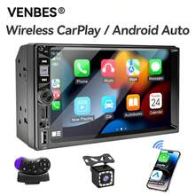 VENBES 7 Inch Single DIN Car Stereo, Wireless CarPlay And Wireless Android Auto, With Bluetooth FM USB AUX MP5 Car Radio Receiver - Main Unit + SWC Cable + 12‑LED Rear‑view Camera - View 2