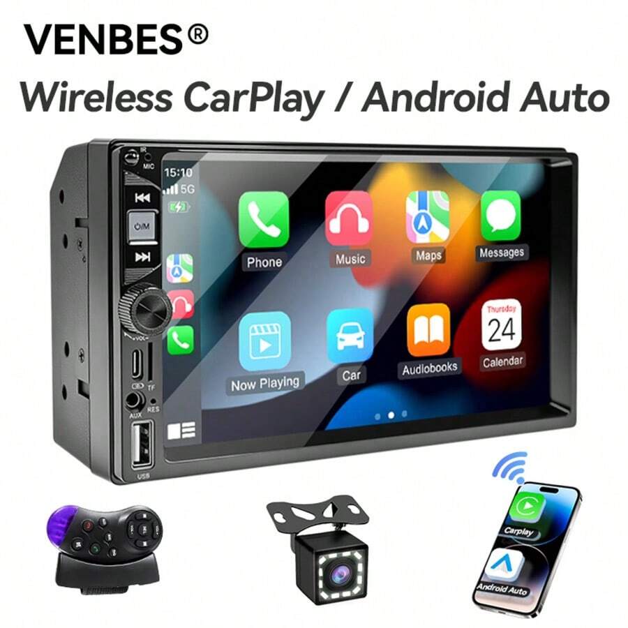 VENBES 7 Inch Single DIN Car Stereo, Wireless CarPlay And Wireless Android Auto, With Bluetooth FM USB AUX MP5 Car Radio Receiver