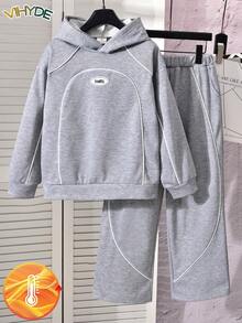 Vihyde Tween Boys American Street Style Denim Trim Double Layer Hooded Sweatshirt & Wide Leg Pants Casual Sports Two Pieces Set Fall Outfits - Grey - View 5