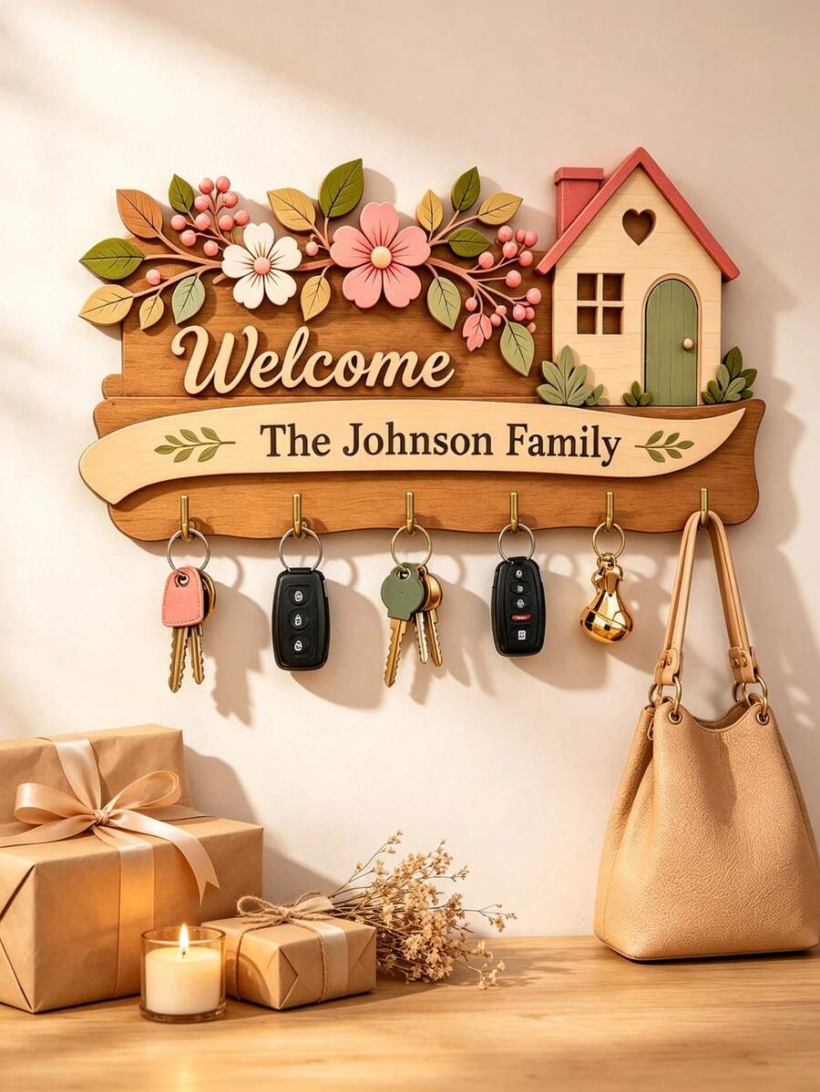 Personalized Wooden Wall-Mounted Key Rack, Personalized Wooden Key Holder, Custom Engraved Entryway Key Hook, Solid Wood Key Storage Wall Rack, Multi-Layer Home Key Hook, Custom Entryway Storage, Housewarming Gift, Welcome Home Decor - Multicolor - View 1
