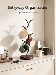 Tree-Shaped Black Metal Mug Holder With Solid Wood Base, Decorative Countertop Coffee Cup Display Rack, Suitable For Kitchen Counter, Dining Table, Home Decor - Black - View 1