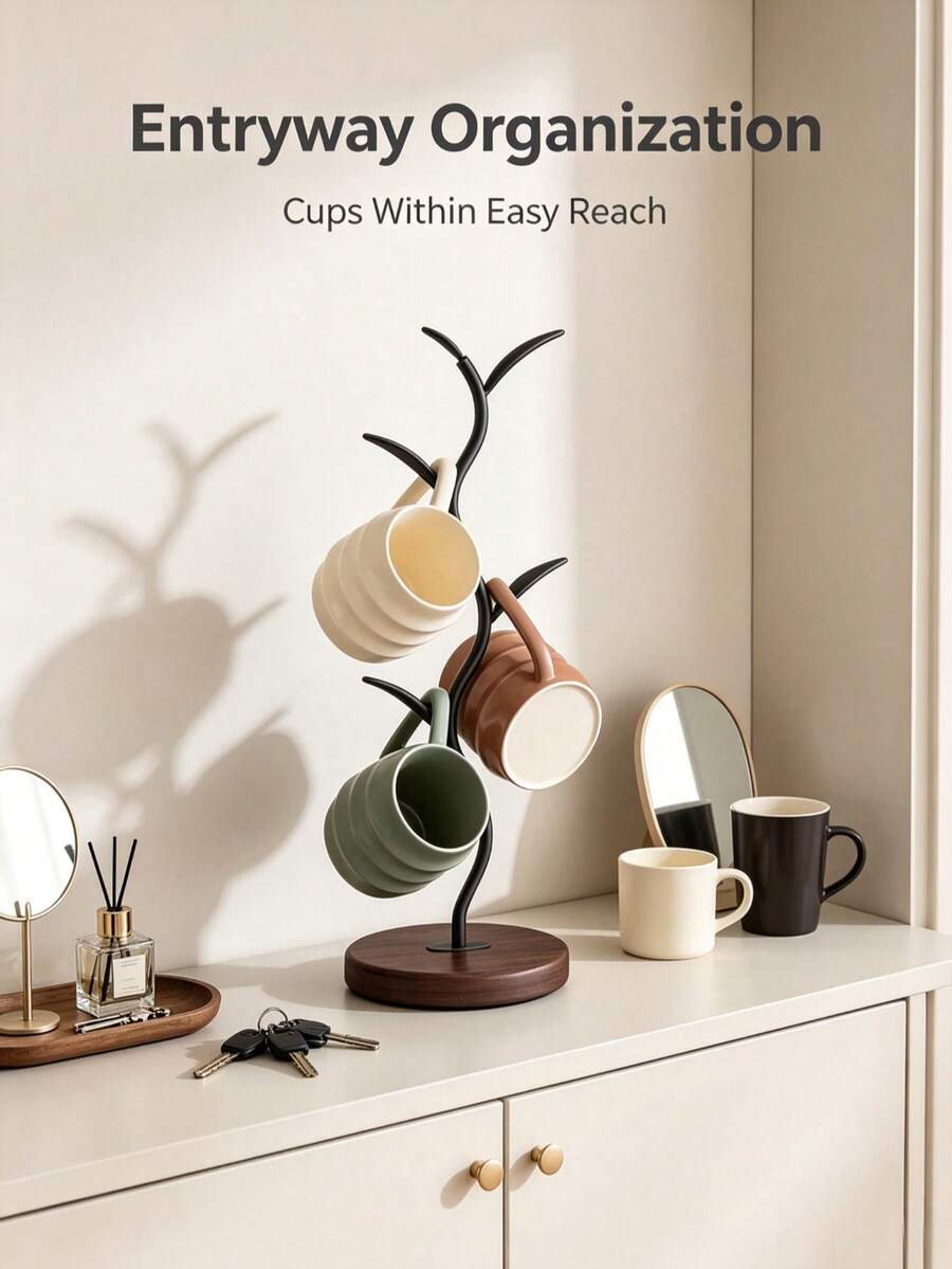 Tree-Shaped Black Metal Mug Holder With Solid Wood Base, Decorative Countertop Coffee Cup Display Rack, Suitable For Kitchen Counter, Dining Table, Home Decor - Black - View 1