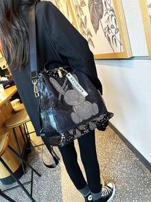 時尚大容量多隔層女款後背包，多功能 PU 鑲鑽單肩筆電包，1件銀色 PU 女包 - 銀色 - 查看 3