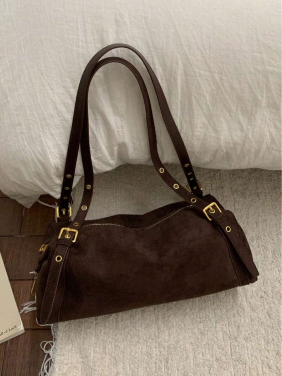 1pc Faux Suede Handbag With Gold Hardware, Convertible Tote Bag & Shoulder Bag, Zipper Closure, Vintage Casual Style, Suitable For Autumn/Winter Commute, Date, Shopping - Coffee - View 1