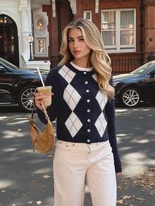 Women's College Style Argyle Pattern Short Fitted Cardigan, Long Sleeve Round Neck Navy Blue Knit Top, Wrinkle-Resistant Easy Care, Suitable For Autumn Casual Wear - Multicolor - View 6
