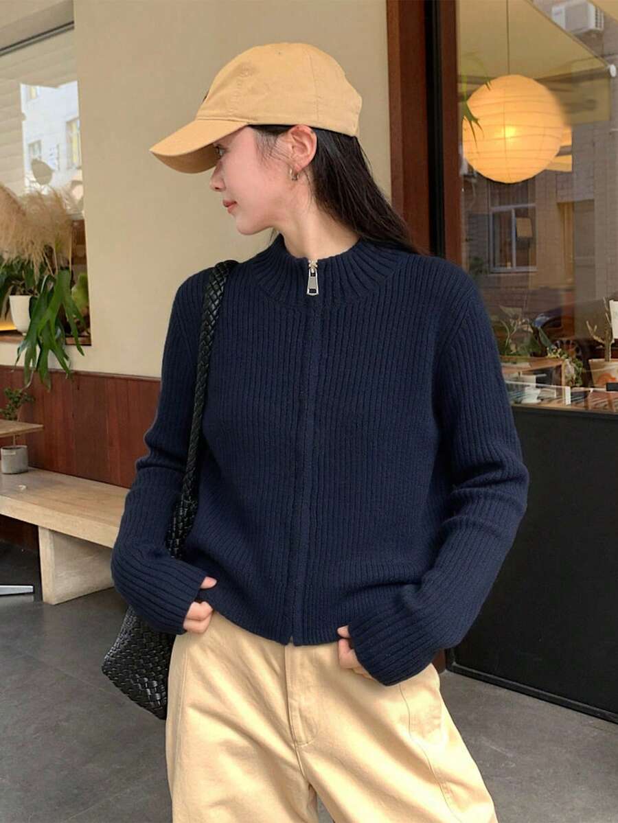 Women's Solid Color Zipper Front Long Sleeve Casual Knit Cardigan