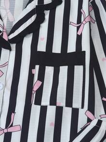 Women's Striped Bow Print Long Sleeve Long Pants Bubble Crinkle Pajama Set - Black - View 7