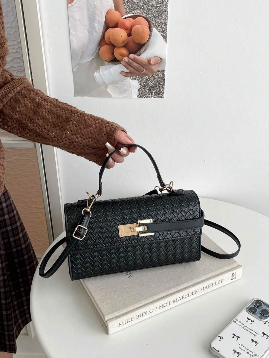 Textured Woven Handbag With Metal Lock Clasp Decor, Detachable Shoulder Strap Rectangular Evening Crossbody Bag, Suitable For Parties And Formal Events - Black - View 1