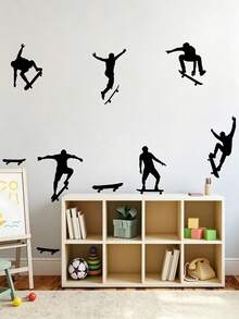 Skateboarder Silhouette Wall Decal, Removable Black Vinyl Skateboarder Pattern Wall Sticker, DIY Home Art Mural, Suitable For Boys Teen Bedroom Game Room Decor - Multicolor - View 1