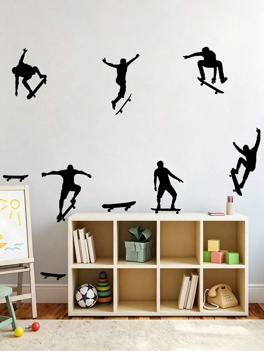 Skateboarder Silhouette Wall Decal, Removable Black Vinyl Skateboarder Pattern Wall Sticker, DIY Home Art Mural, Suitable For Boys Teen Bedroom Game Room Decor - Multicolor - View 1
