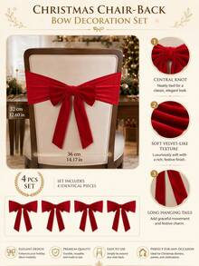 4pcs Chair Back Bow Decor Ribbons, Suitable For Christmas Decoration, Luxury Chair Back Ribbon Bow Design, Holiday Party Restaurant Decor, Suitable For Wedding Banquet, Home Activities - Claret - View 3
