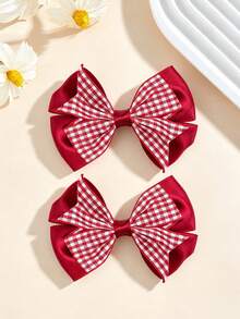 2pcs Red Multi-Layer Plaid Bow Hair Clips, College Style Versatile Hair Accessories Suitable For Daily Wear - Multicolor - View 7