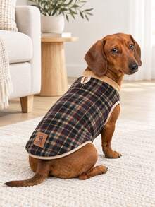1PC Reversible Mini Dachshund Dog Coat , Fair Isle & Plaid Print Double Sided Sausage Dog Jacket, Slight Stretch Soft Warm Winter Wiener Dog Clothes For Mini And Standard Dackel Teckel Dogs - Beige - View 8