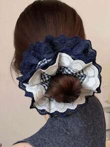 1pc Women's Deep Blue Lace Floral Embroidered Plaid Heart Soft High Elasticity Hair Scrunchie, Hair Accessory Hair Tie Hair Rope, Suitable For Daily Wear - Multicolor - View 6