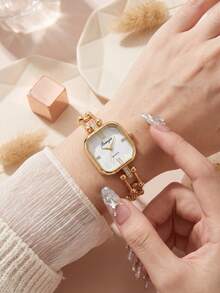 2pcs Women's Watch Classic Vintage Fashion Elegant Luxury Square Dial Hollow Alloy Strap With Free Ring Gift Suitable For Daily Decoration, Festival Party, Valentine's Day, Thanksgiving, Easter, Wedding, Anniversary, Christmas And Other Occasions Wear Or As Best Holiday Gift For Family And Friends, Gift For Girlfriend - Multicolor - View 2