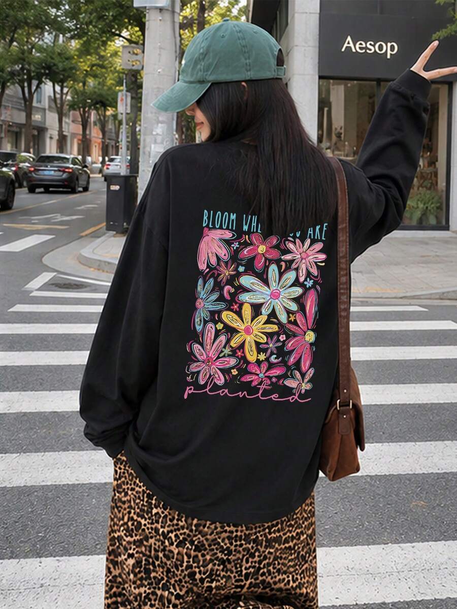 Women's Loose Fit Japanese Cat Print Long Sleeve T-Shirt, Versatile For Spring And Autumn Casual - Black - View 1