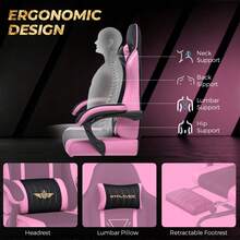 Fabric Gaming Chair With Footrest, Ergonomic Computer Desk Chair With Pocket Spring Cushion Home Office High Back Lumbar Support Heavy Duty Wide - Pink - View 5