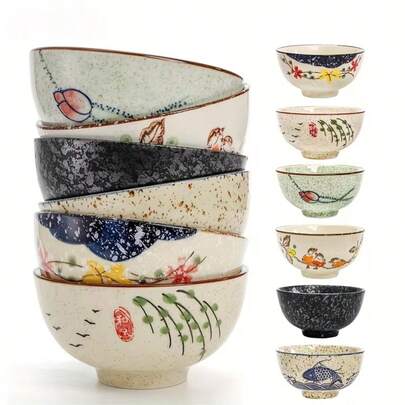 YOLIFE 4/5/6pcs Japanese Style Ceramic Rice Bowl Set - 4.5 Inch Elegant Soup & Meal Bowls - Microwave , Dishwasher Friendly, Suitable For Daily Dining, Restaurant And Holiday Gatherings