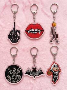 6Pcs Halloween Gothic & Vampire Theme Acrylic Keychains, Including Skull Gesture, Vampire Red Lips, Suit Pumpkin Head Man, Chaotic Good Dancing Skeleton, Support Local Vampires Slogan Bat & Vintage Baby Skull Design, Fashionable Bag Charm, Suitable For Halloween Gifts, Spooky Season, Exquisite Collection, All Seasons Use - Multicolor - View 5