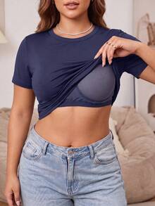 Plus Size Built-In -Shirt, Short Sleeve Ultra-Thin Seamless Top, Elastic Comfortable With Padded Cups, Everyday Basic Style - Navy Blue - View 2