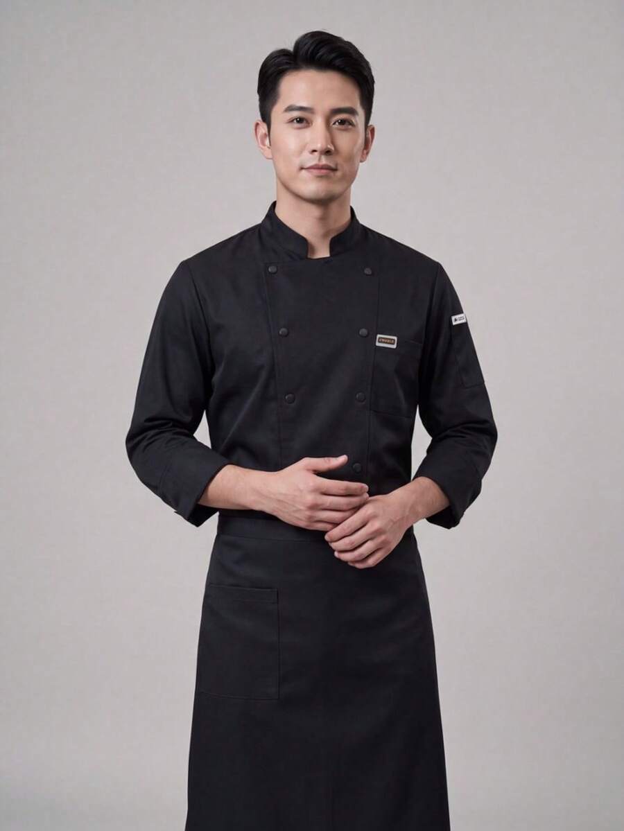 New Unisex Long Sleeve Small Stand Collar Double-Breasted Decorative Kitchen Workwear - Black - View 1