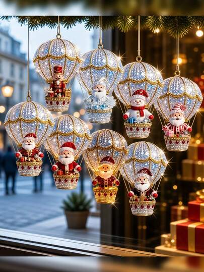 8/16/24pcs Christmas Novelty Wooden Hanging Ornaments, Christmas Hot Air Balloon Wooden Decor Hanging Home Kitchen Decoration, Christmas, Mother's Day, Father's Day, Hot Air Balloon, Santa Claus Pattern Christmas Characters, Holiday Pendant, Hanging Decorations, Practical And Beautiful Hanging Ornaments, Holiday Gift.