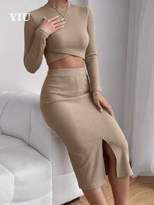 YIU Women's Grey-Brown Ribbed Knit Long Sleeve Cropped Top + Front Slit Midi Skirt 2-Piece Set, Spring/Autumn/Winter Street Style, Halloween - Brown - View 2