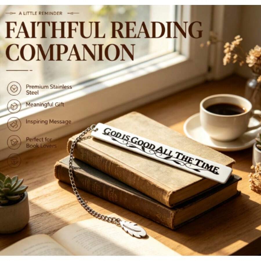 1PC Inspirational English Engraved Stainless Steel Bookmark "God Is Good All The Time" Feather Pendant Reading Marker - D - View 1