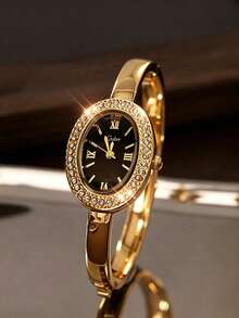 1件裝手錶/6件套可選 女款金色橢圓復古手錶套組，金色金屬錶帶，奢華優雅風格，黑色錶盤配水鑽羅馬數字刻度，搭配女款手鍊、項鍊、耳環、戒指全套飾品，經典優雅女款套組，奢華女性禮物，適合派對與日常配戴，可作為畢業禮物，精緻手部珠寶禮盒送給女性 - 金色 - 查看 2
