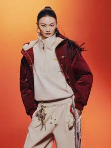 Adidas Originals Women's Casual Embroidered Button Pocket Hooded Winter Jacket - Burgundy - View 2