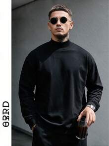 GRDR 男士純色黑色假領羊毛毛衣，秋冬輕商務休閒針織套頭底層上衣 - 黑色 - 查看 9