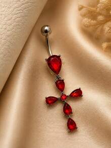 1pc Copper Inlaid Red Teardrop Zirconia Cross Pendant Belly Ring Halloween Personalized Stainless Steel Navel Piercing Jewelry Suitable For Daily Wear - Cross - View 2