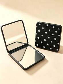 New Star Print Portable Square Makeup Mirror, Double-Sided Square Makeup Mirror, Women's Foldable Makeup Mirror, Compact Minimalist Makeup Mirror, Mini Makeup Mirror Suitable For Wallet And Travel, Star Pattern Density And Position Size Random - Multicolor - View 9