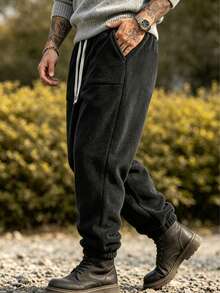 Men's Fleece Lined Drawstring Waist Loose Casual Sports Pants, Fleece Pants, Suitable For Autumn, Winter And Spring - Black - View 5