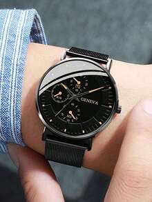1pc Men's Watch Black Stainless Steel Strap Casual Round Dial Quartz Watch, Suitable For Daily Life, Can Be Used As A Gift For Back-To-School Students - Black - View 2