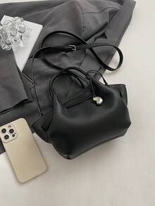 休閒簡約時尚 PU 皮革單肩包/斜挎包/手提托特包，附內袋 - 黑色 - 查看 5