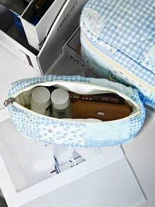 1pc/Set Blue Patchwork Pattern Makeup Bag, Fashionable Large Capacity Multi-Compartment Women's Handbag, Multi-Functional Travel Toiletry Bag, Storage Bag, Organizer Bag For Cosmetics, Makeup Tools And Other Items, Holiday Gift Souvenir - Blue - View 9