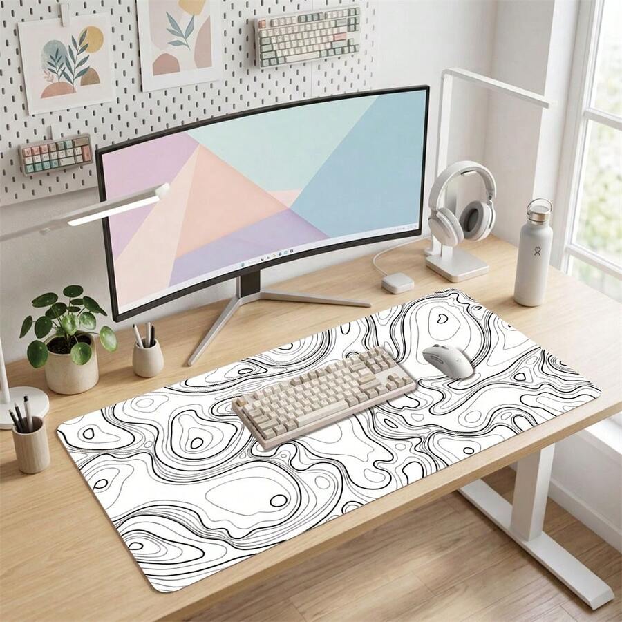 White Base Wavy Line Pattern XXL Extra Long Gaming Mouse Pad, Non-Slip Durable Rubber Base, Smooth Surface, Suitable For PC/Laptop/Office/Home Gaming, Abstract Art Desk Mat, Study Office Supplies, Back To School Desktop Accessories Set - A - View 1