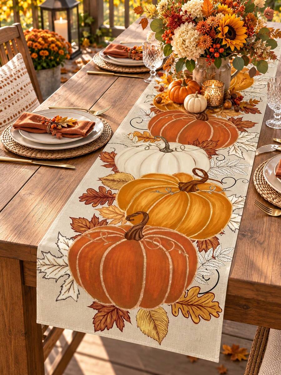 1pc Pumpkin Fall Table Runner, Rustic Autumn Linen Table Runner, Rectangular Farmhouse Thanksgiving Table Decor, Harvest Pumpkin Leaf Dining Tablecloth Runner For Fall Thanksgiving Dinner Party Home Kitchen - Multicolor - View 1