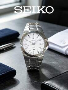 Men's Seiko Quartz Sports Watch Embossed‑Textured White Dial Single‑Date Window Polished‑Brushed Stainless Steel Bracelet Minimal Sports Watch - White - View 3