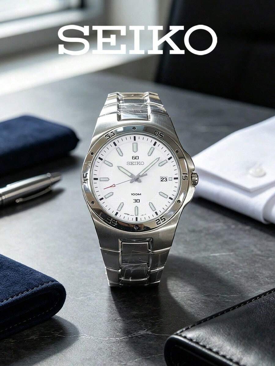 Men's Seiko Quartz Sports Watch Embossed‑Textured White Dial Single‑Date Window Polished‑Brushed Stainless Steel Bracelet Minimal Sports Watch - White - View 1