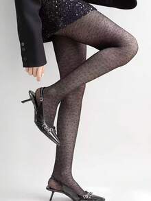 1 Pair Black Leopard Print Mesh Tights, Y2K Millennium Style, Vintage Sexy Sheer Pantyhose - Multicolor - View 2