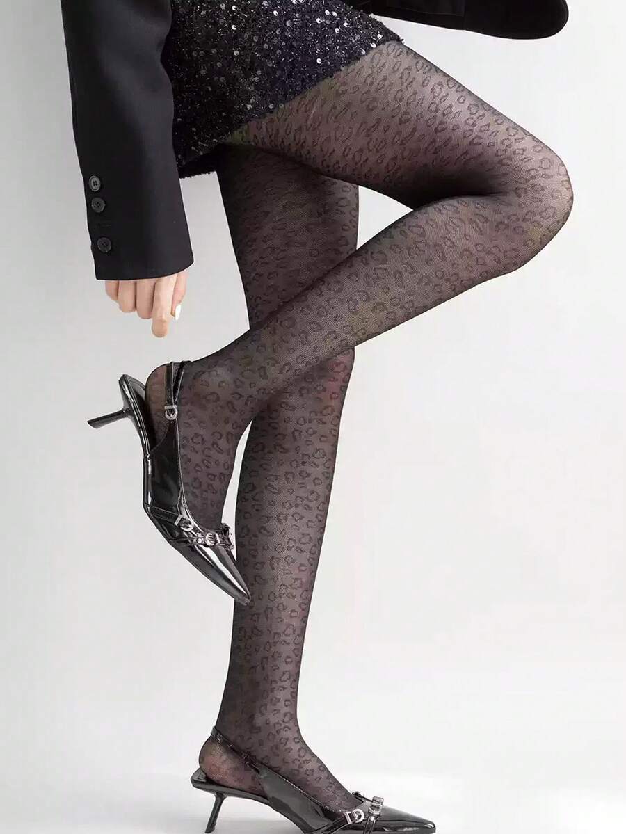 1 Pair Black Leopard Print Mesh Tights, Y2K Millennium Style, Vintage Sexy Sheer Pantyhose