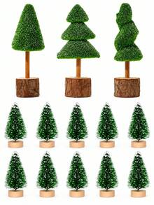 13Pcs Mini Christmas Tree, Tabletop Christmas Tree With Wooden Bases Artificial Mini Tree With 2 Sizes Christmas Table Decor Bottle Brush Trees For Christmas Decorations (Green Snow) - Multicolor - View 1
