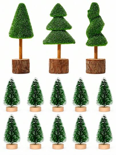 13Pcs Mini Christmas Tree, Tabletop Christmas Tree With Wooden Bases Artificial Mini Tree With 2 Sizes Christmas Table Decor Bottle Brush Trees For Christmas Decorations (Green Snow)