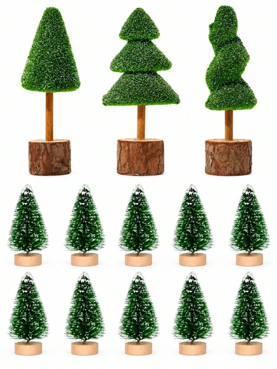 13Pcs Mini Christmas Tree, Tabletop Christmas Tree With Wooden Bases Artificial Mini Tree With 2 Sizes Christmas Table Decor Bottle Brush Trees For Christmas Decorations (Green Snow) - Multicolor - View 1