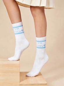 One Size Women's Mid-Calf Socks, Minimalist Design, Color Block Stripes, Letter & Heart Print, Suitable For Halloween, Party, Bridal Gift And Autumn/Winter Season - Multicolor - View 7