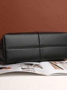 1pc PU Large Capacity Handbag Shoulder Tote Bag, PU Material, Large Capacity, Folded Shipping - Black - View 5