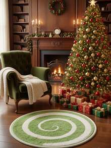 Round Burgundy Christmas Tufted Rug Checkered Border Snowman Gingerbread Gift Candy Cane Plush Rug - Green - View 5