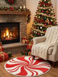 Round Burgundy Christmas Tufted Rug With Checkered Border, Snowman, Gingerbread, Gift, Candy Cane Plush Rug, Christmas, Candy - Red - View 3